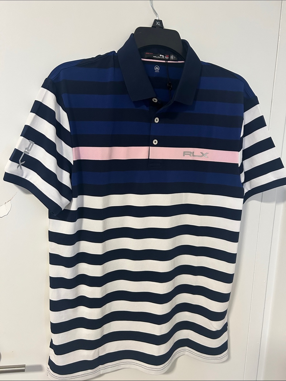 RLX Ralph Lauren Navy, White & Pink Striped Polo